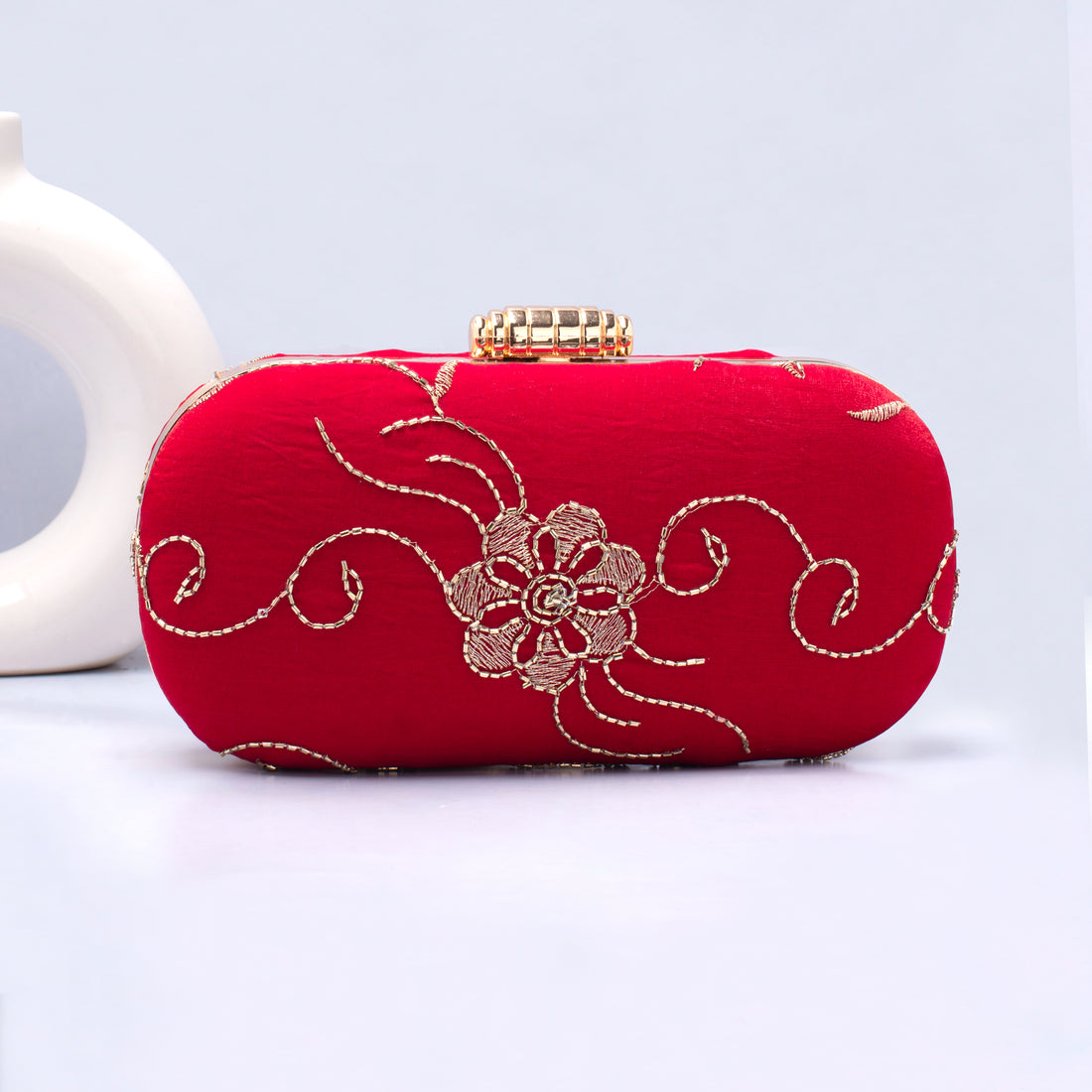 Artklim Red Based Golden Threadwork Embroidery Capsule Clutch