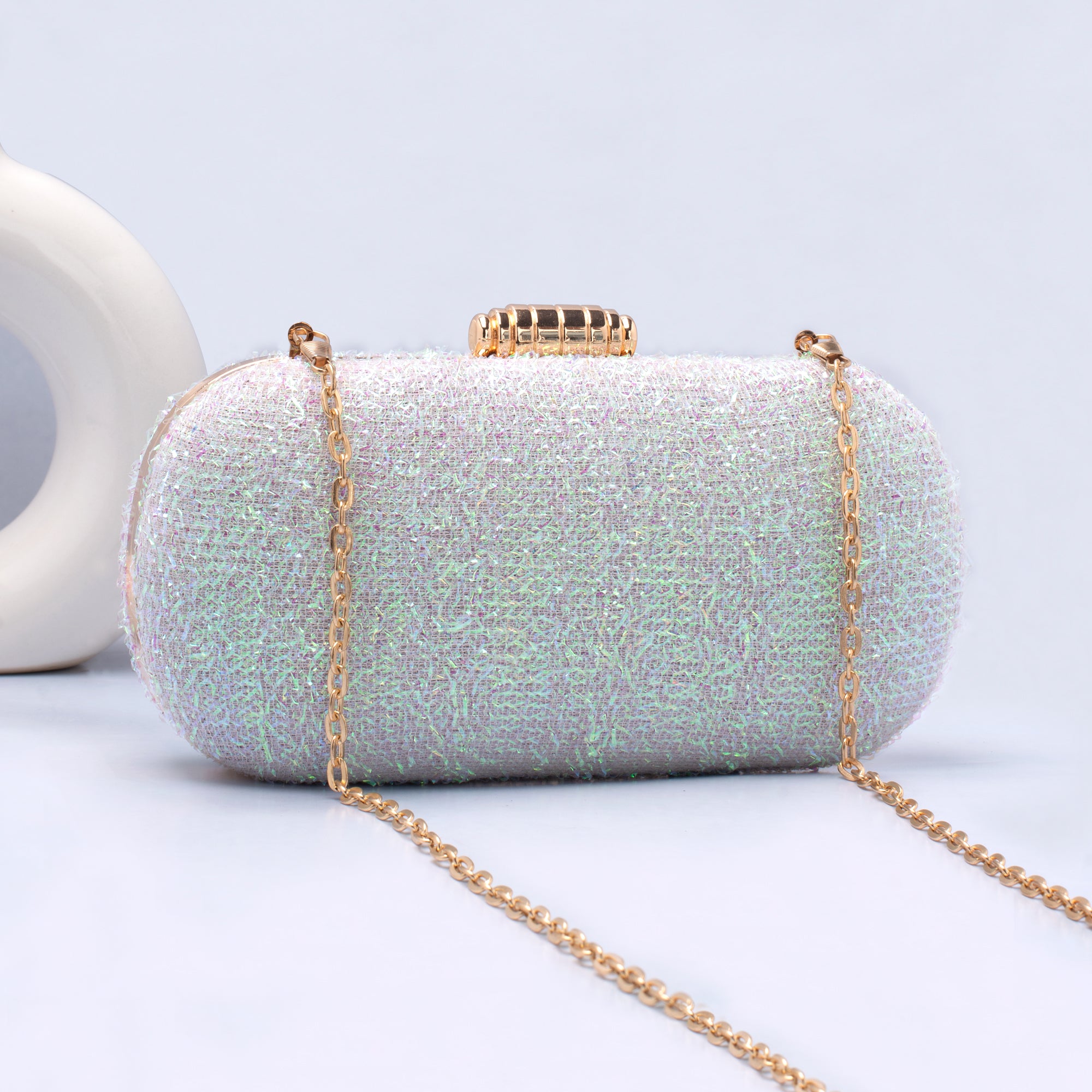 Artklim White Based Multicolored Shiny Fabric Capsule Clutch
