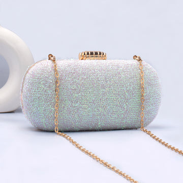 Artklim White Based Multicolored Shiny Fabric Capsule Clutch