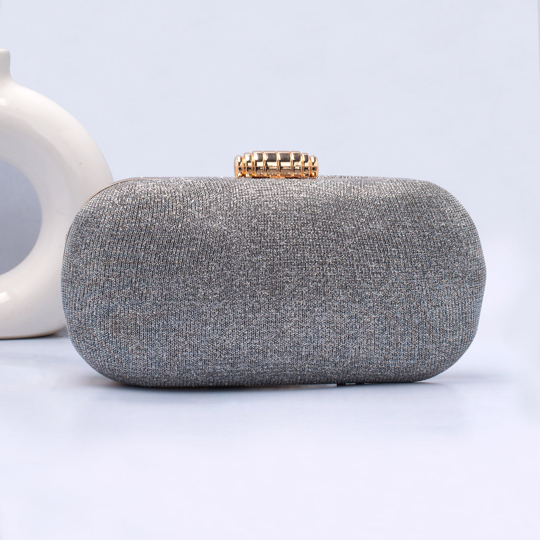 Artklim Silver Shiny Fabric Capsule Shaped Clutch