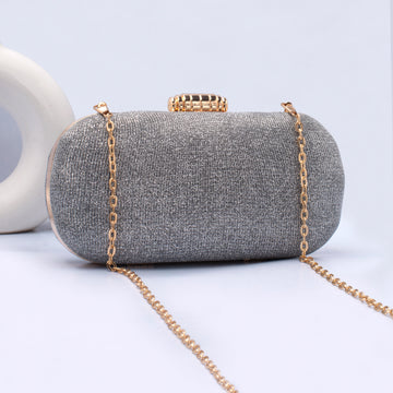 Artklim Silver Shiny Fabric Capsule Shaped Clutch