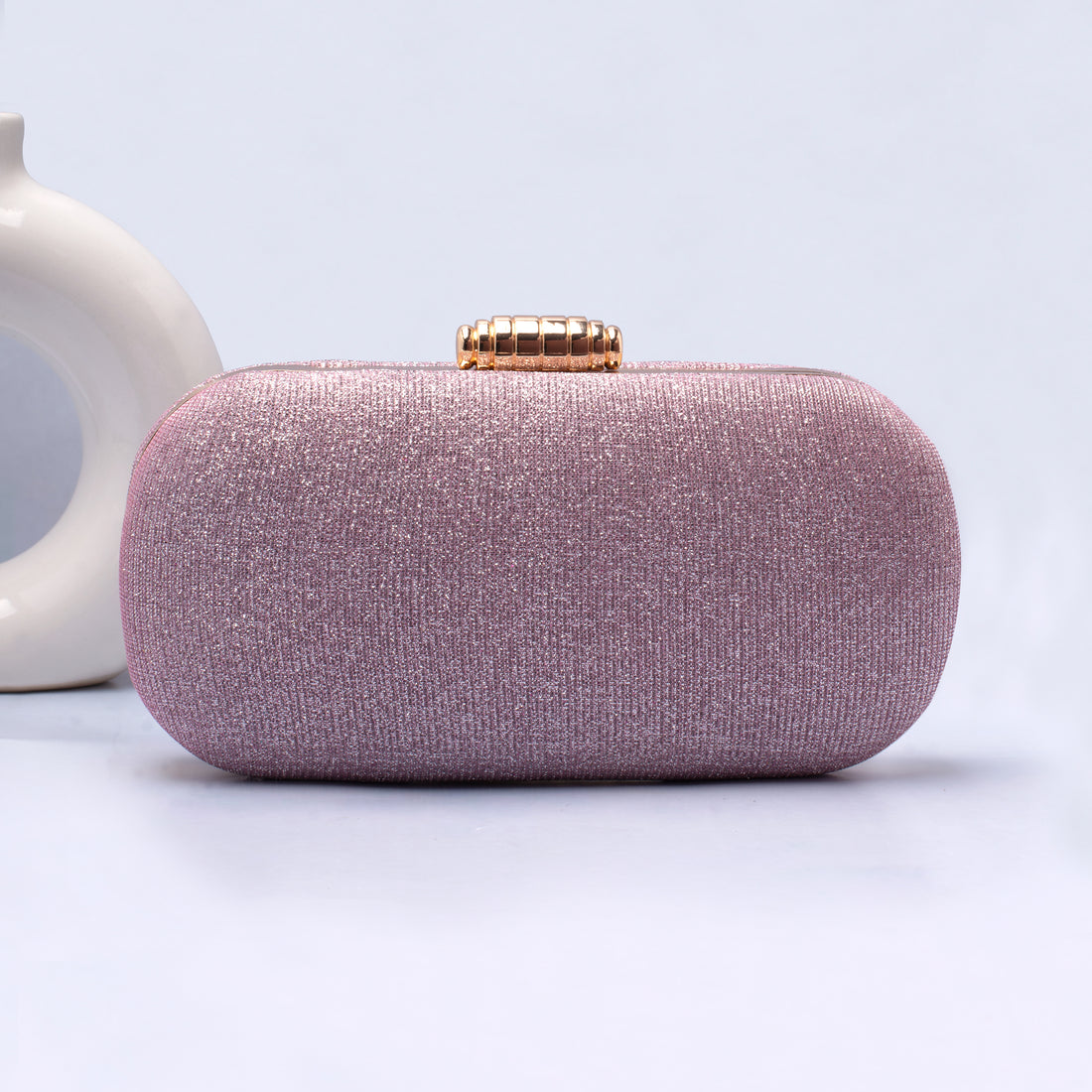 Artklim Pink Based Shiny Fabric Capsule Shaped Clutch