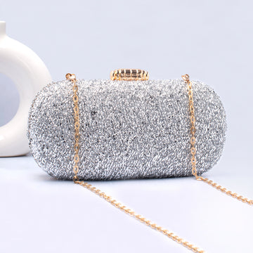 Artklim Silver Shimmery Fabric Capsule Shaped Clutch