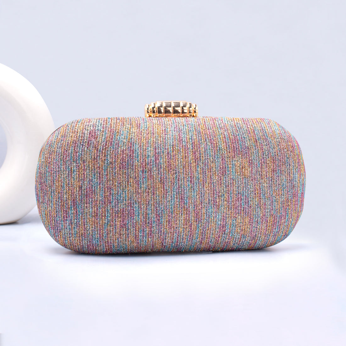 Artklim Multicolred Shiny Fabric Capsule Shaped Clutch