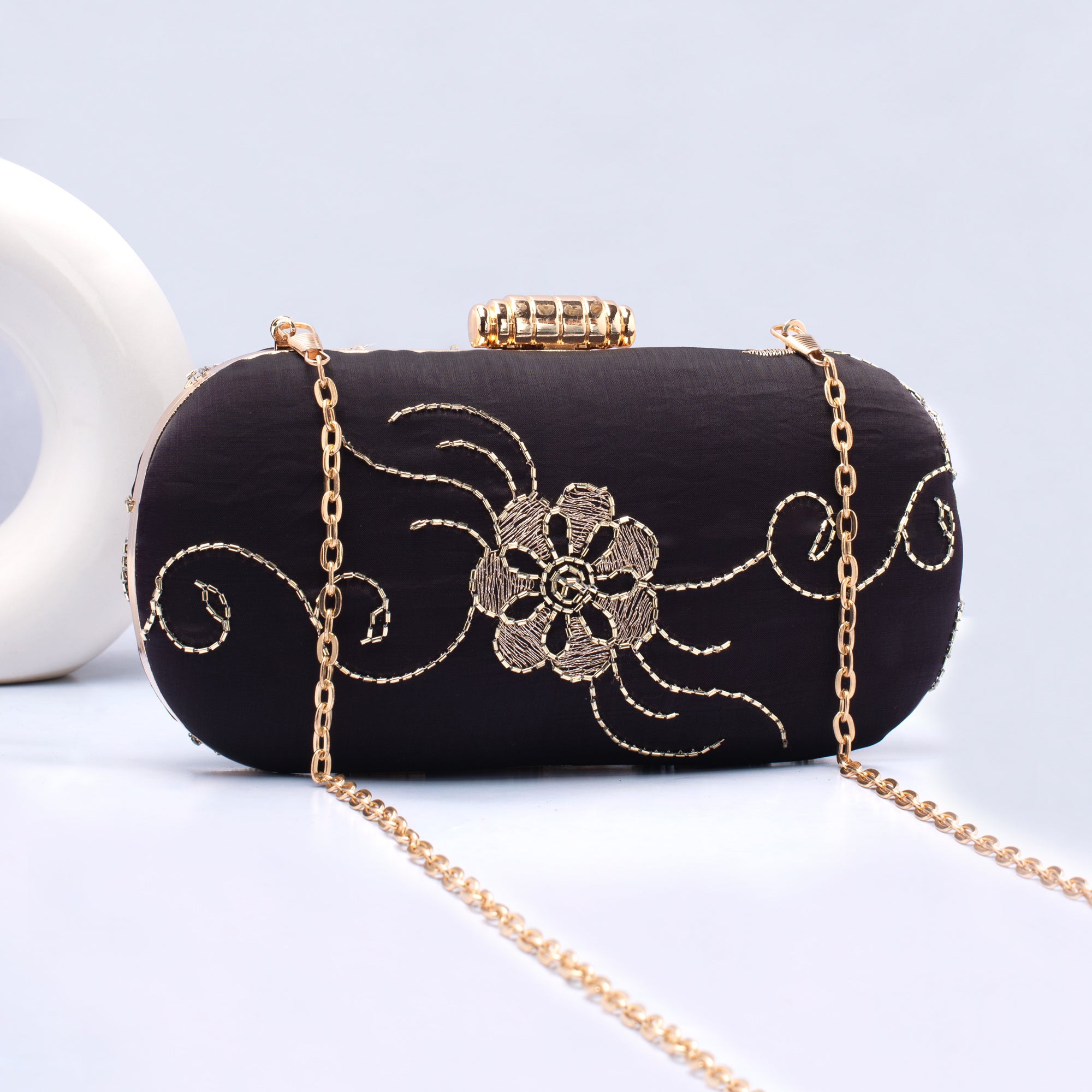 Artklim Black Based Golden Threadwork Embroidery Capsule Clutch