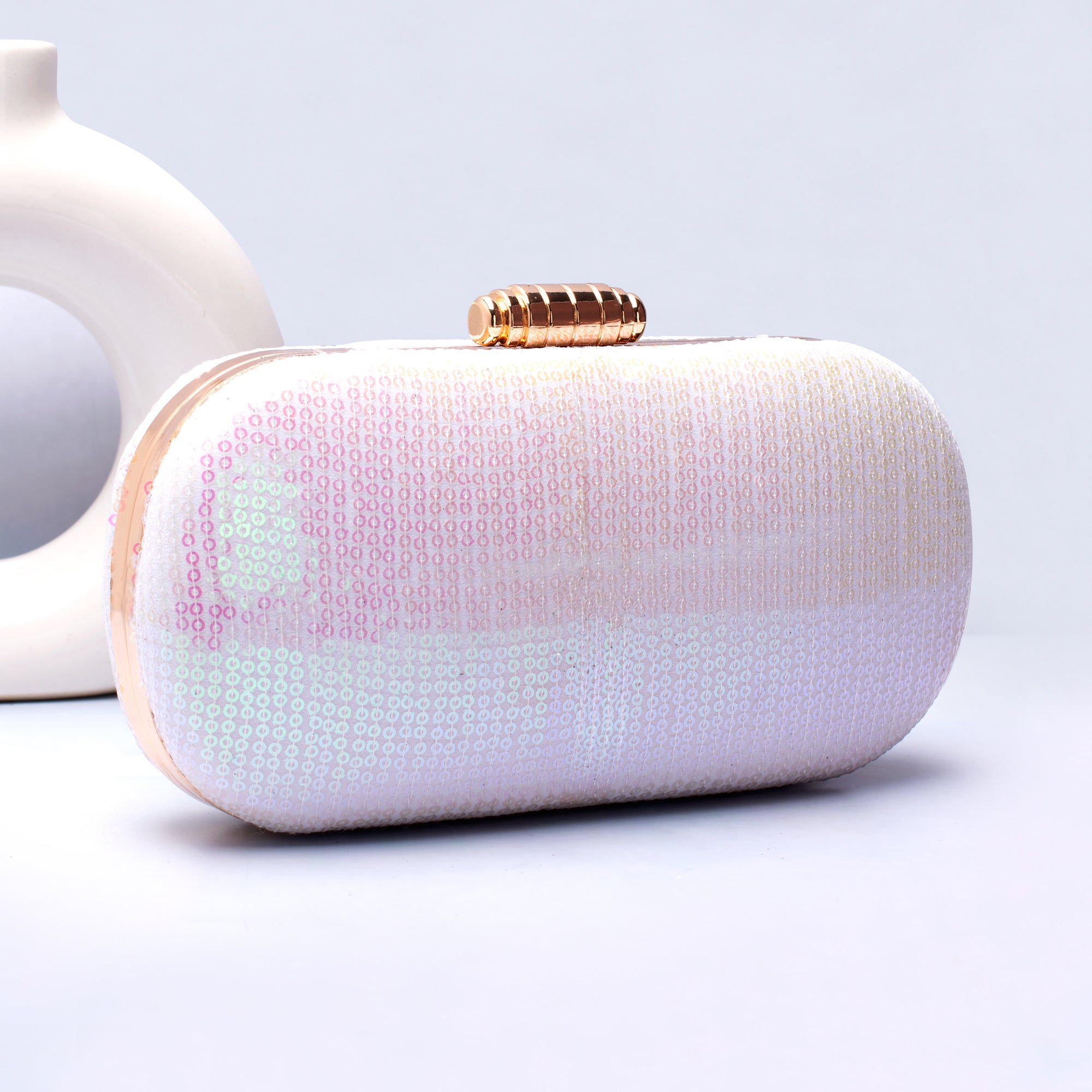 Artklim White Based Multicolored Sequins Embroidery Capsule Clutch