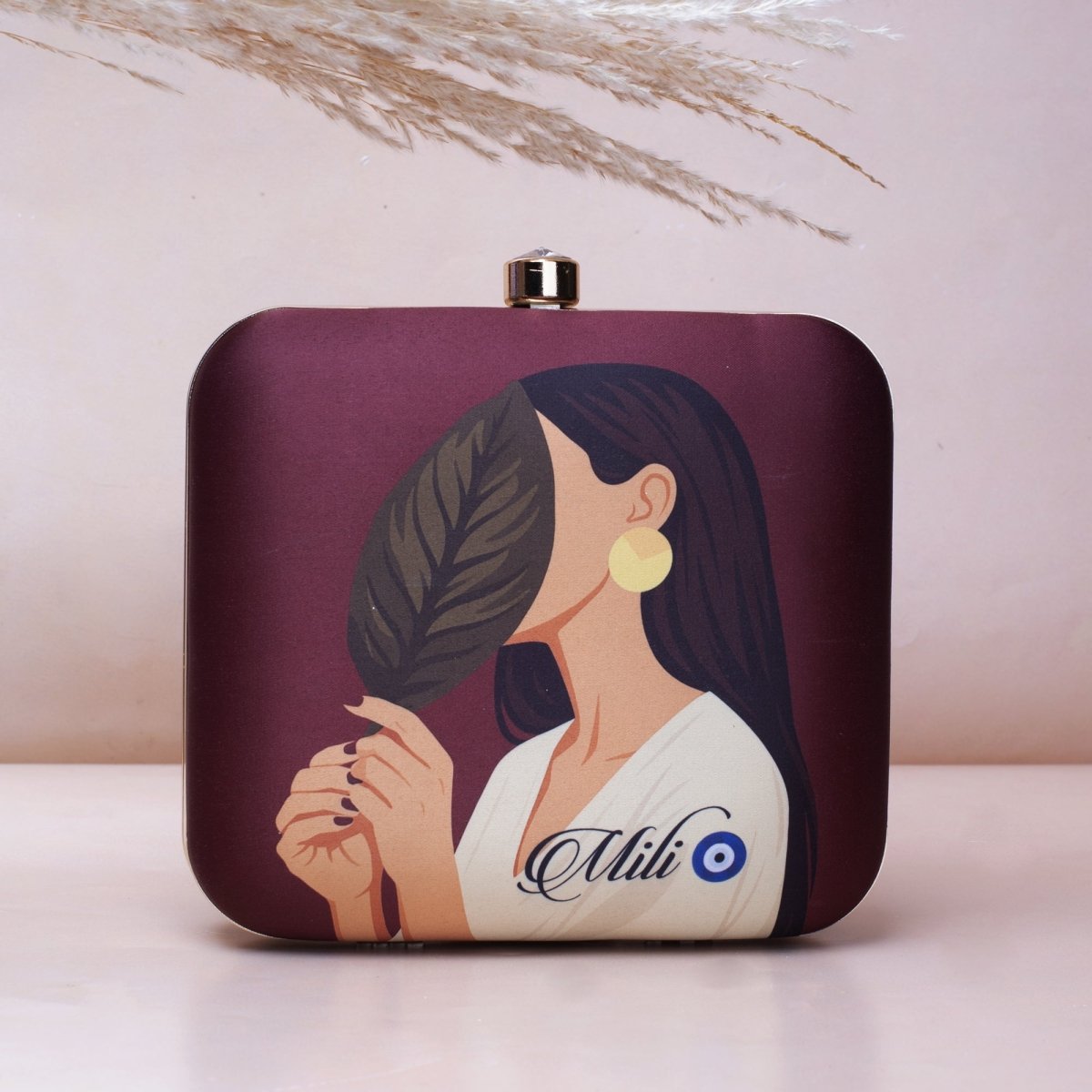 Artklim Dark Brown Asthetic Girl Portrait Printed Name Customised Clutch