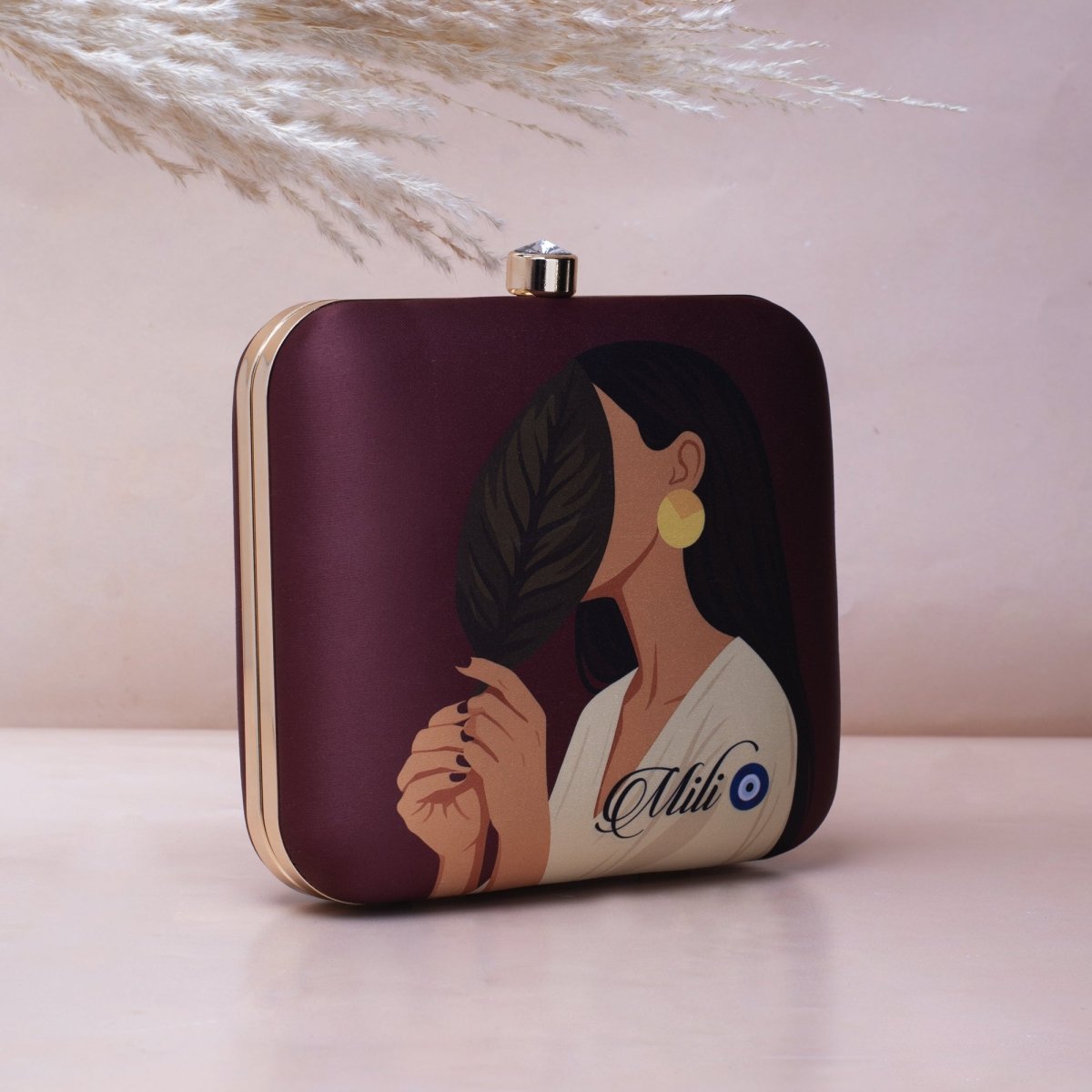 Artklim Dark Brown Asthetic Girl Portrait Printed Name Customised Clutch