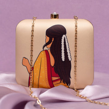 Artklim Beige Based Mustard Saree Woman With Gajra Portrait Printed Clutch