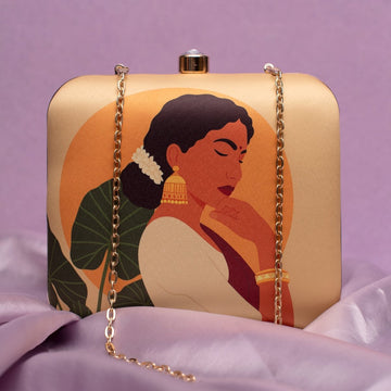 Artklim Beige Based Elegant Woman Portrait Printed Clutch