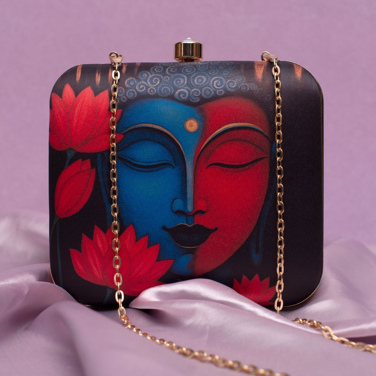 Artklim Black Based Buddha With Lotus Flower Printed Clutch