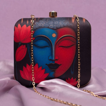 Artklim Black Based Buddha With Lotus Flower Printed Clutch