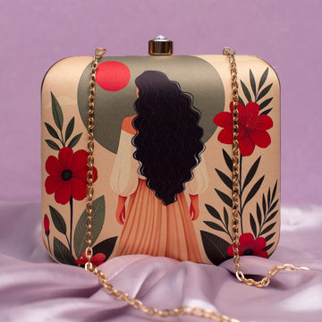 Artklim Beige Based Curly Hair Woman Portrait Printed Clutch