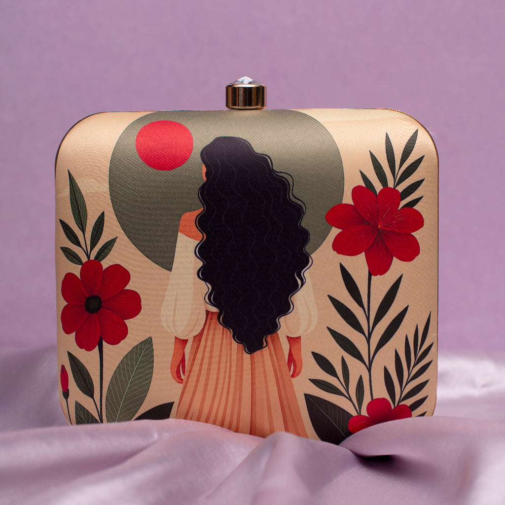Artklim Beige Based Curly Hair Woman Portrait Printed Clutch