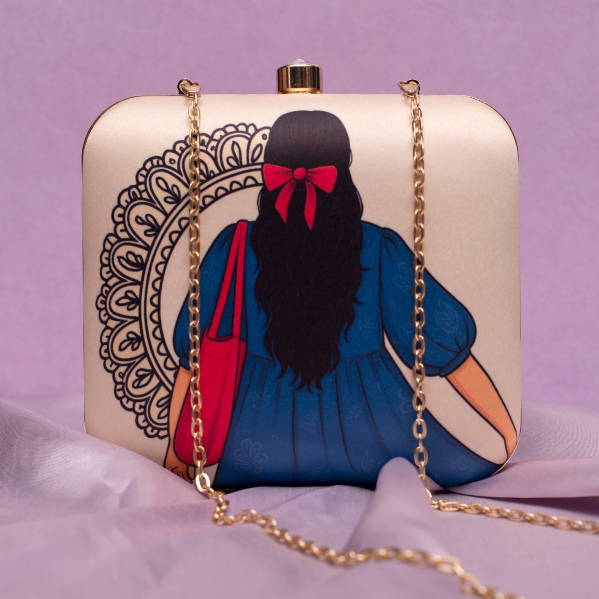 Artklim Beige Based Girl With Red Bow Portrait Printed Clutch
