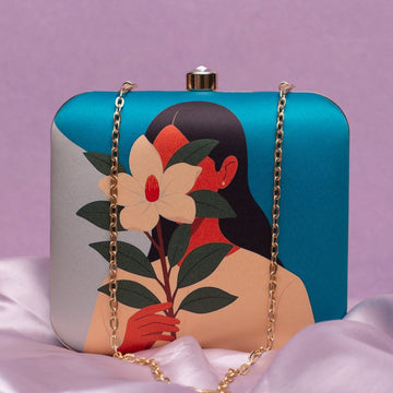 Artklim Blue Based Girl With Magnolia Flower Portrait Printed Clutch