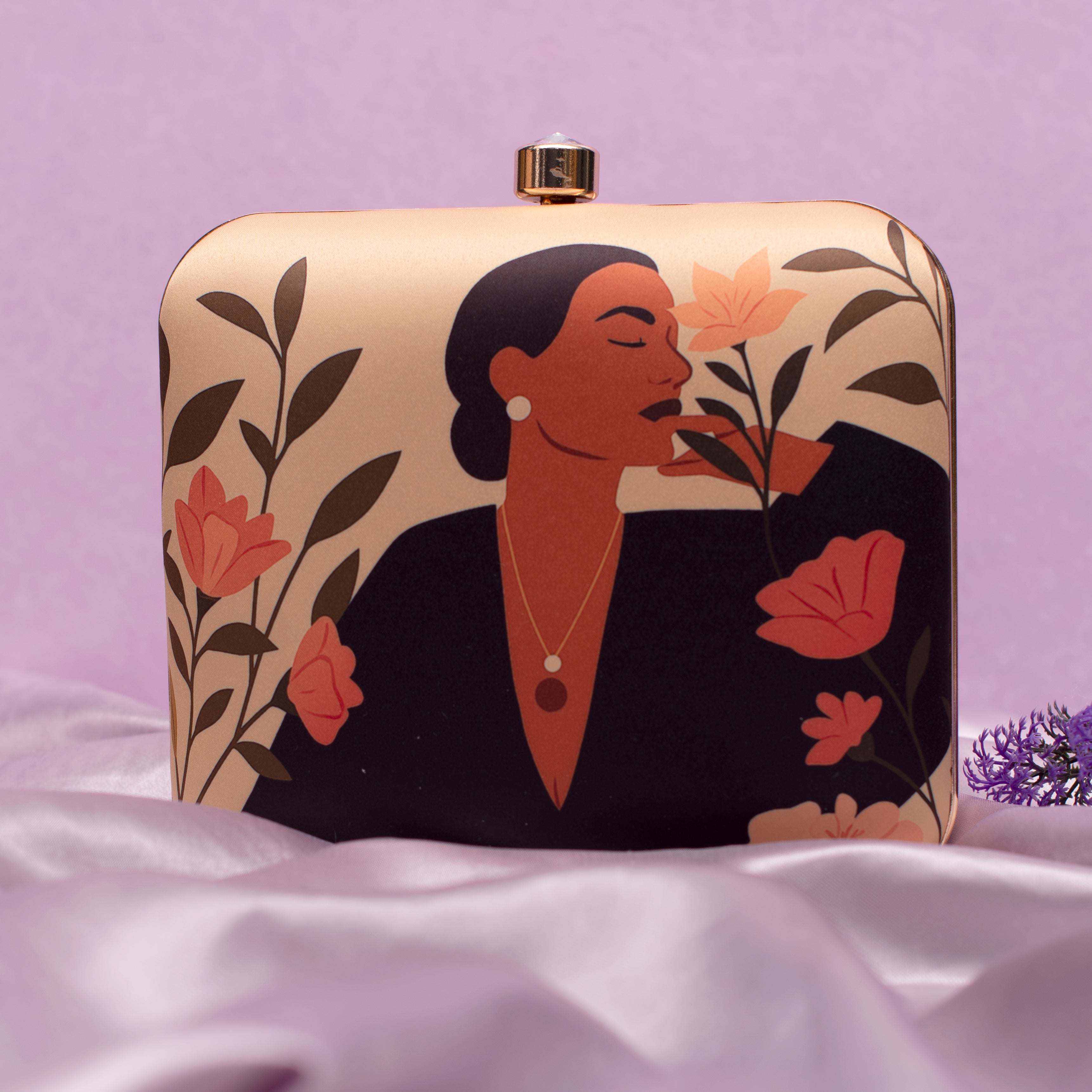 Artklim Modern Woman  With Flowers Portrait Printed Clutch