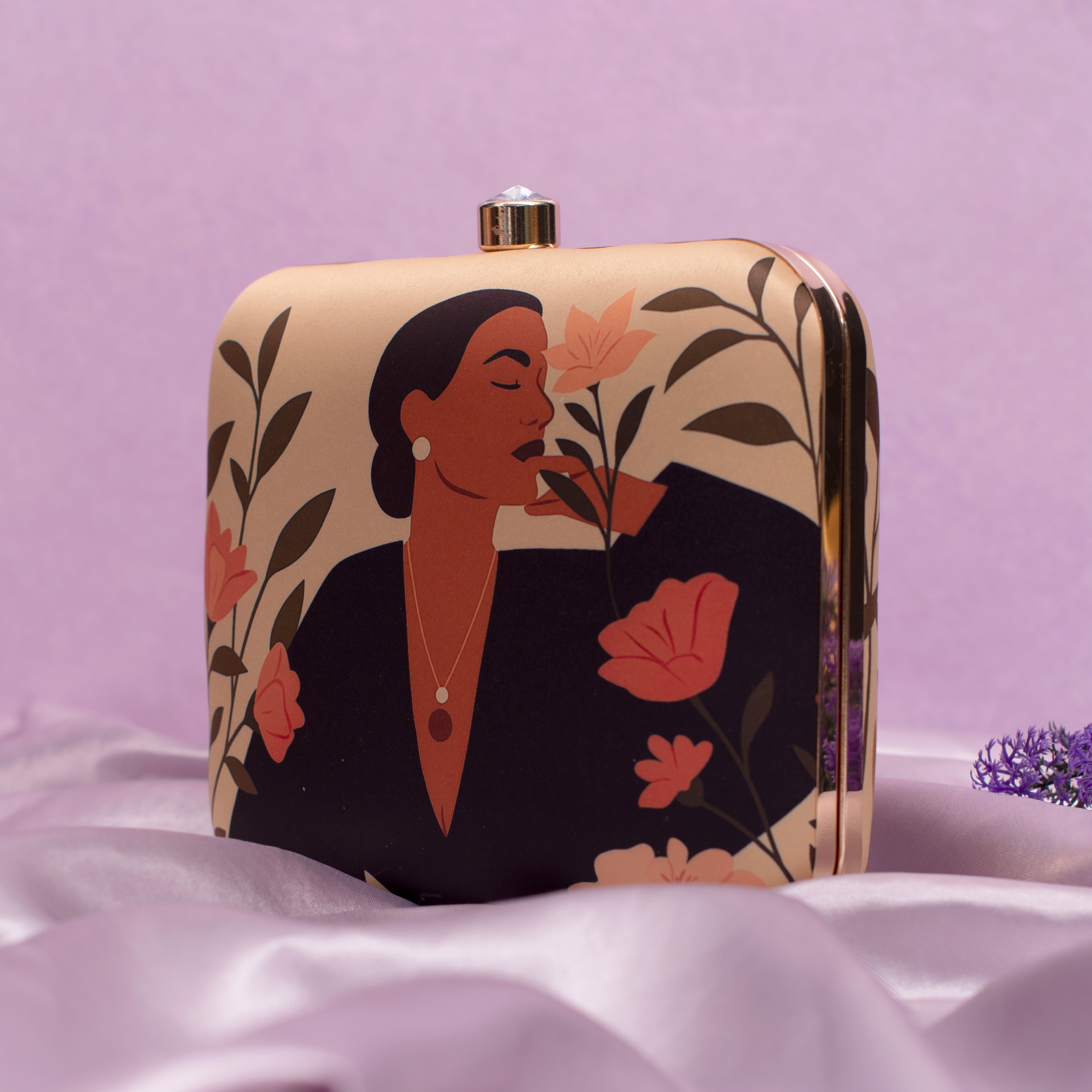 Artklim Modern Woman  With Flowers Portrait Printed Clutch