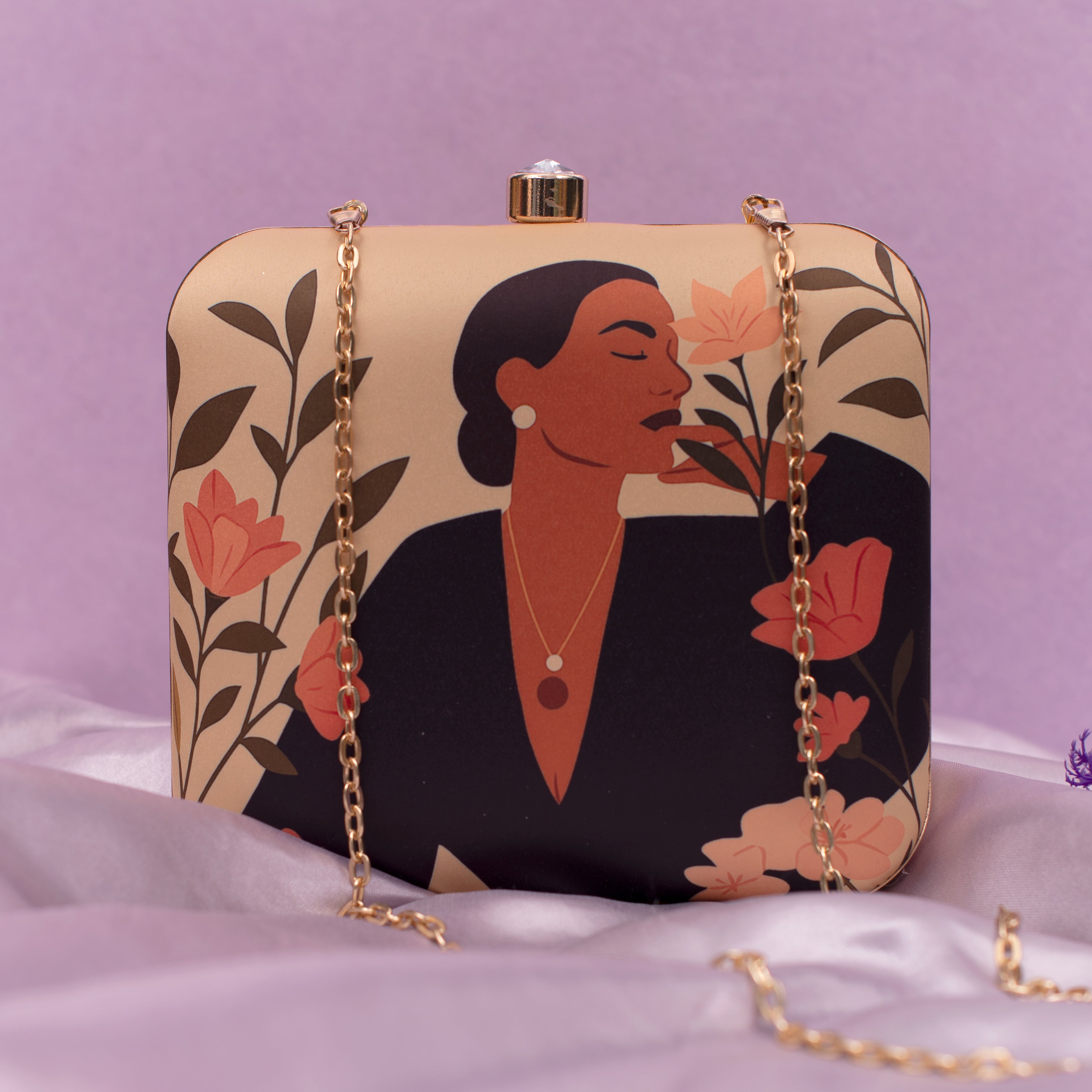 Artklim Modern Woman  With Flowers Portrait Printed Clutch