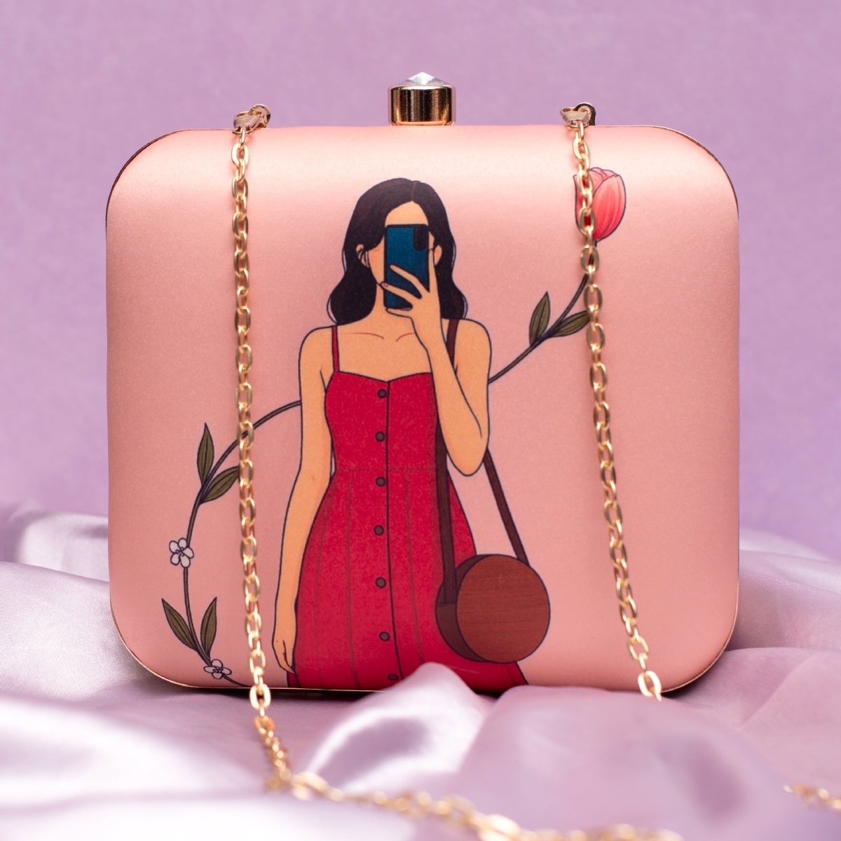 Artklim Peach Based Selfie Girl Portrait Printed Clutch