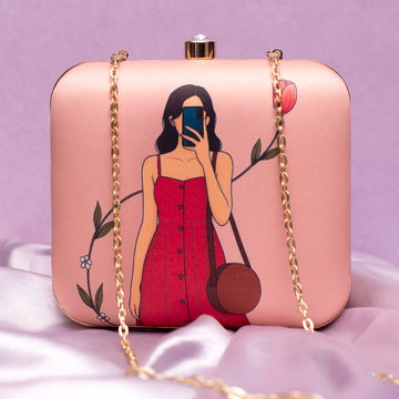 Artklim Peach Based Selfie Girl Portrait Printed Clutch