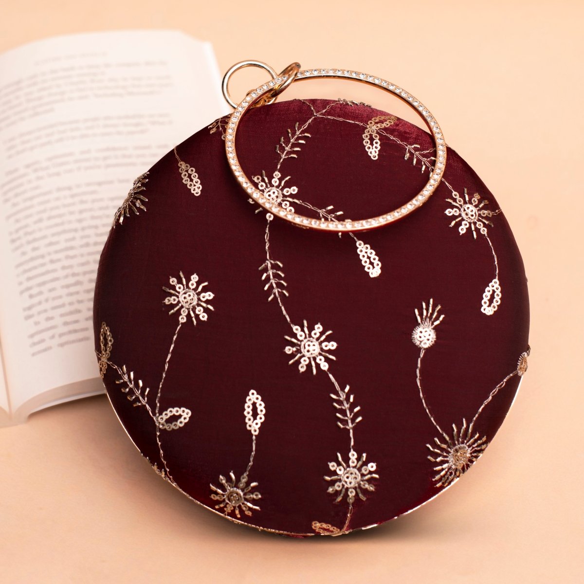 Artklim Maroon Base Golden Sequins Embroidery Clutch