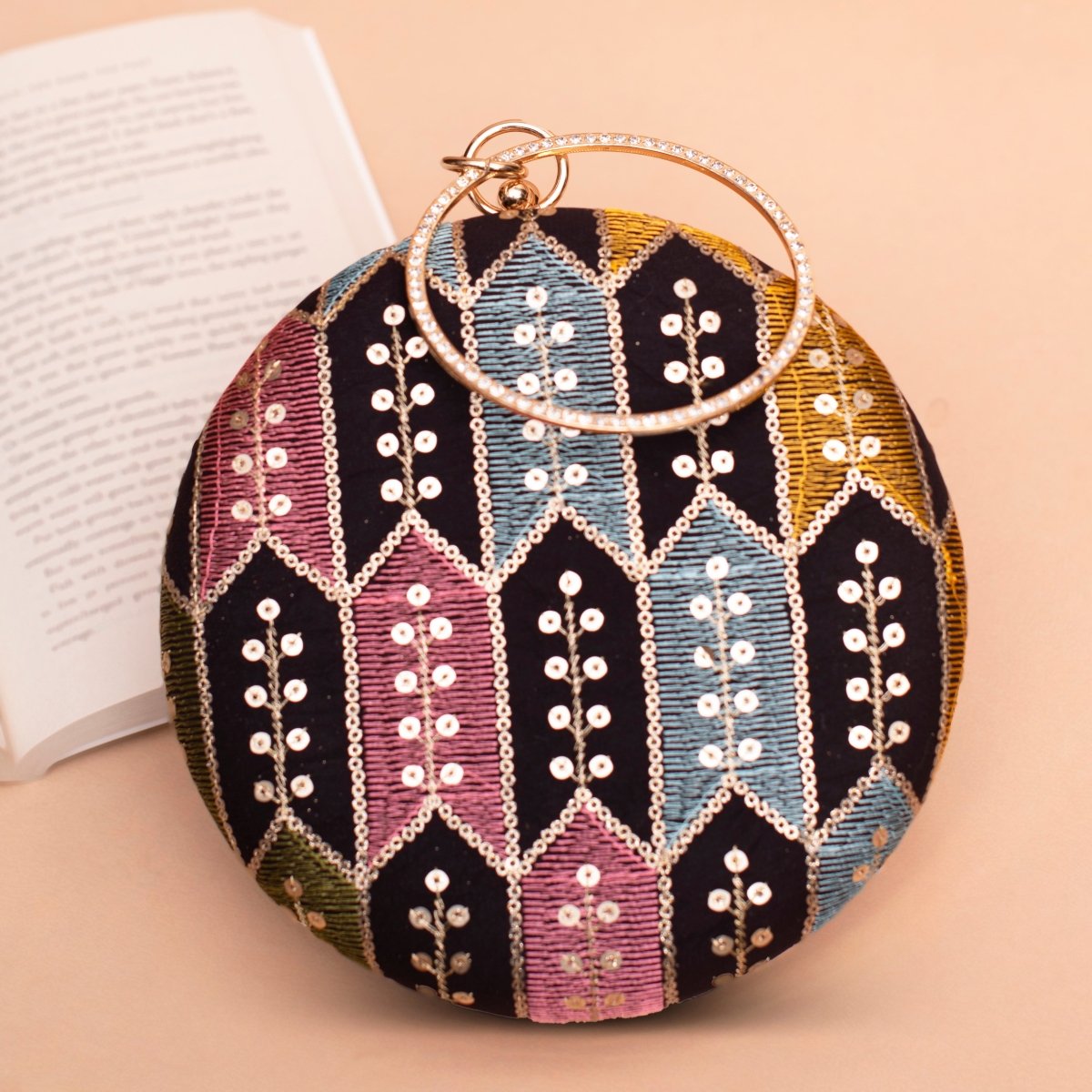 Artklim Black Based Multicolored Thread Embroidery Clutch