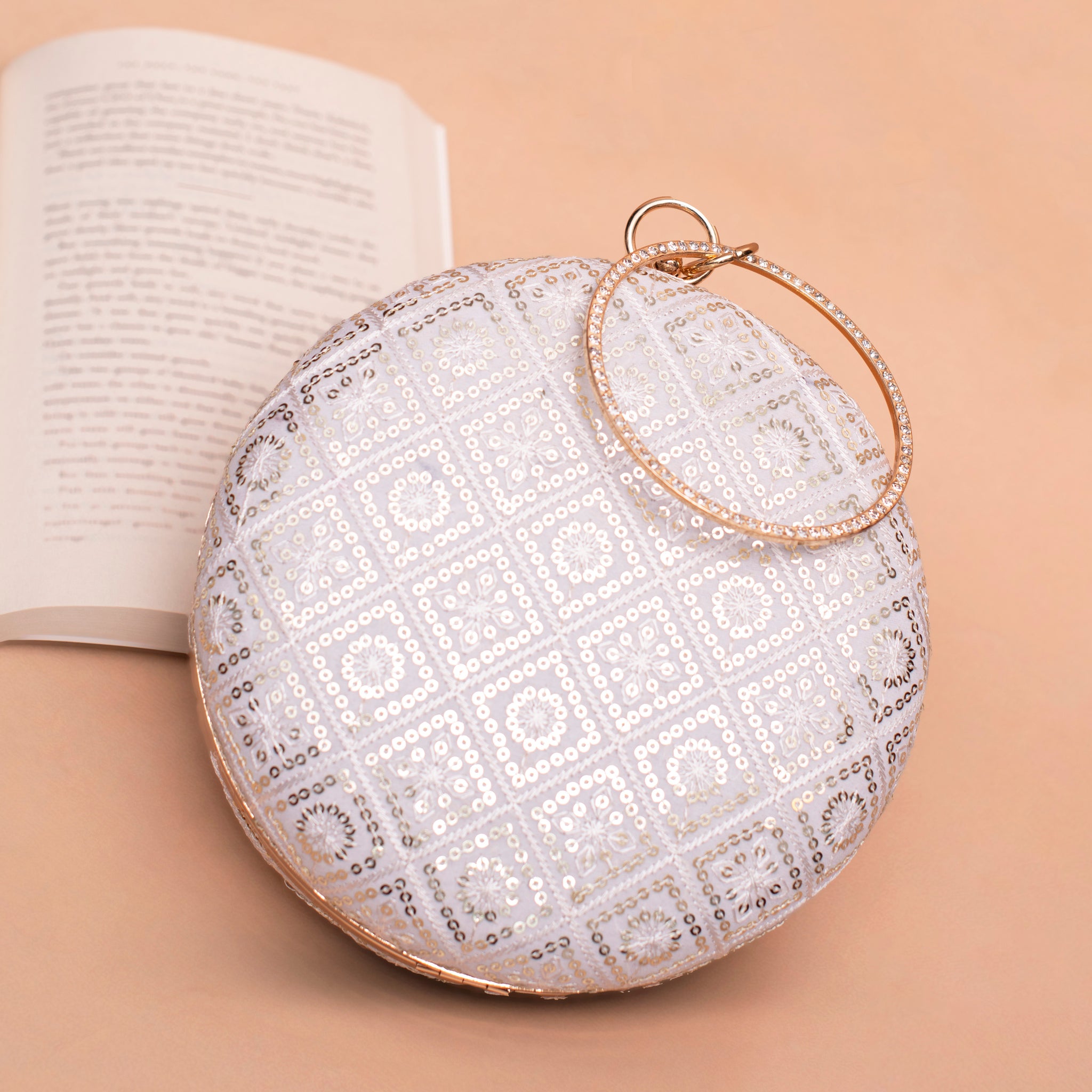 Artklim White Based Sequins And Thread Embroidery Clutch