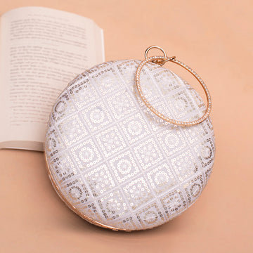 Artklim White Based Sequins And Thread Embroidery Clutch