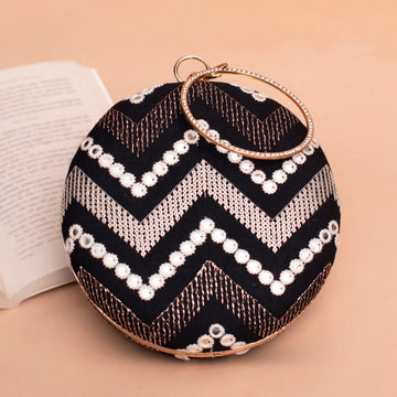 Artklim Black Based White Thread And Sequins Embroidery Clutch