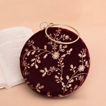 Artklim Maroon Based Golden Sequins And Thread Embroidery Clutch