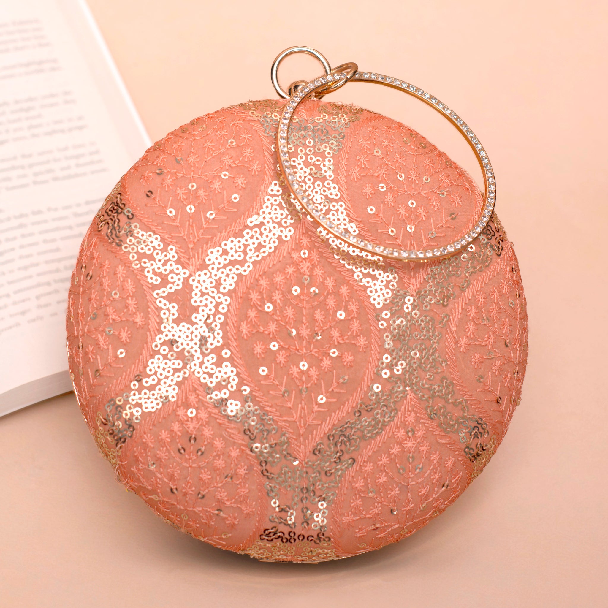 Artklim Peach Based Sequins And Threadwork Embroidery Clutch