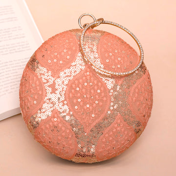 Artklim Peach Based Sequins And Threadwork Embroidery Clutch