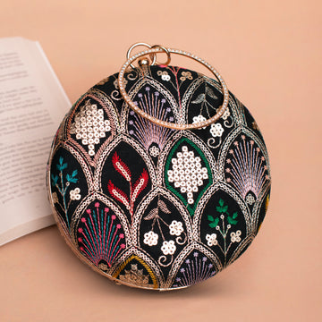 Artklim Black Based Multicolored Thread And Sequins Embroidery Clutch