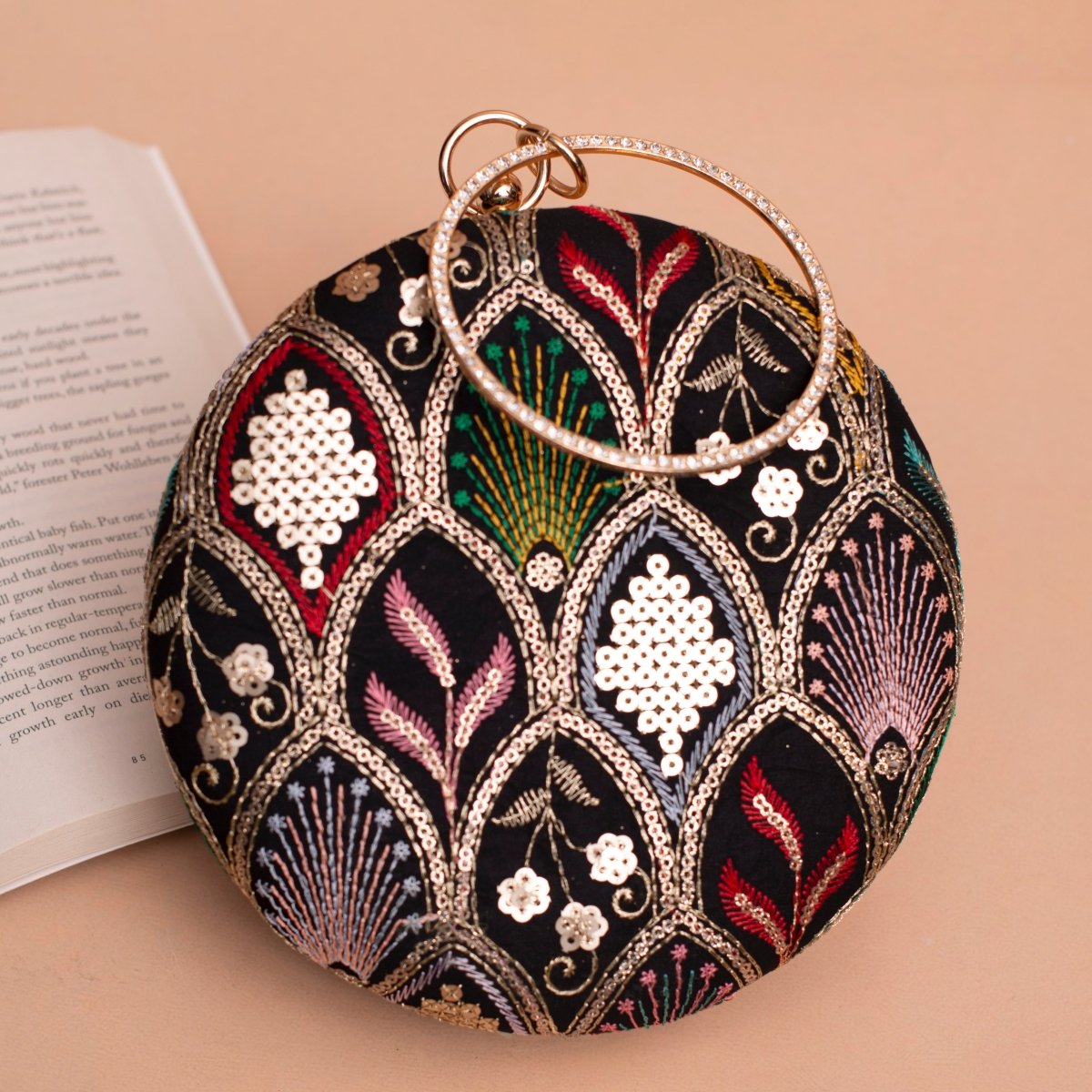 Artklim Black Based Multicolored Thread And Sequins Embroidery Clutch
