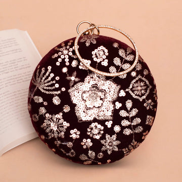Artklim Maroon Based Sequins Floral Embrodiery Clutch