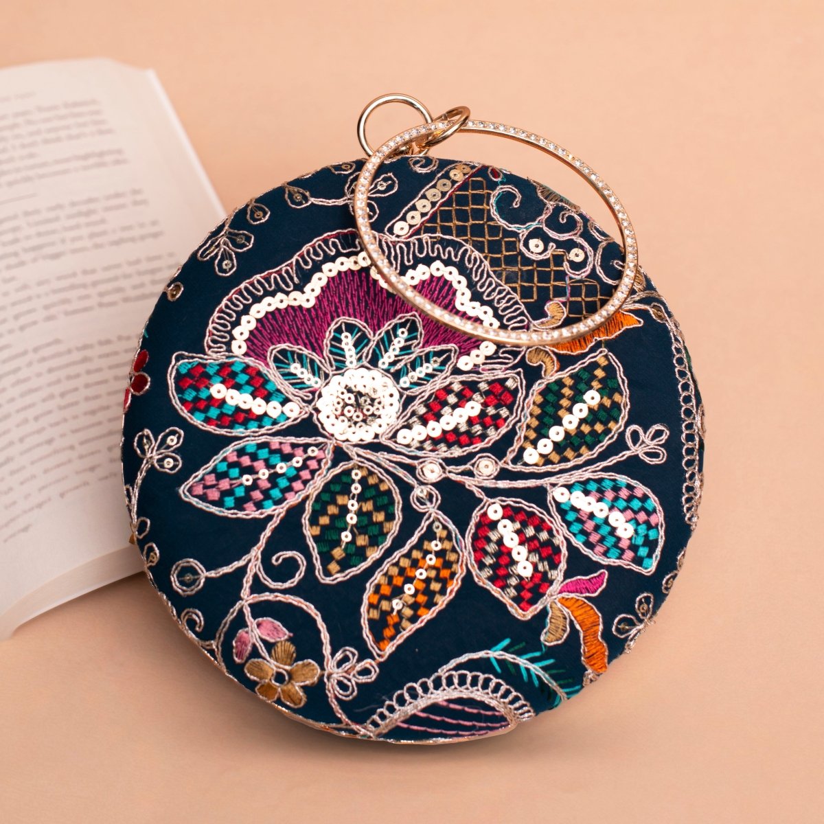 Artklim Marine Blue Based Floral Embroidery Clutch