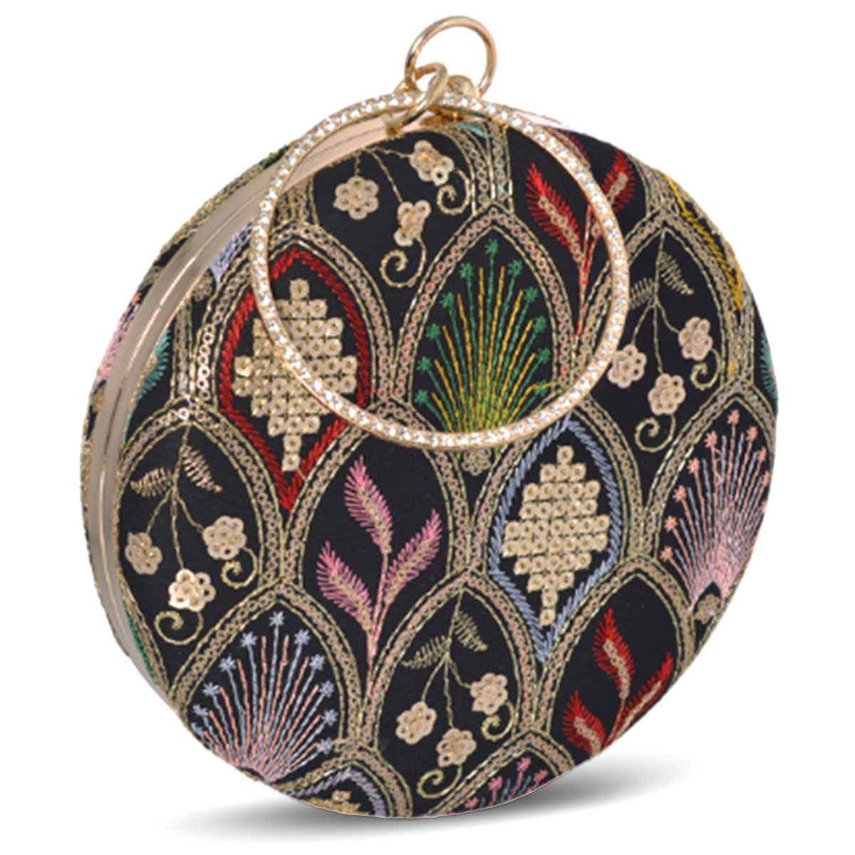 Artklim Black Based Multicolored Thread And Sequins Embroidery Clutch