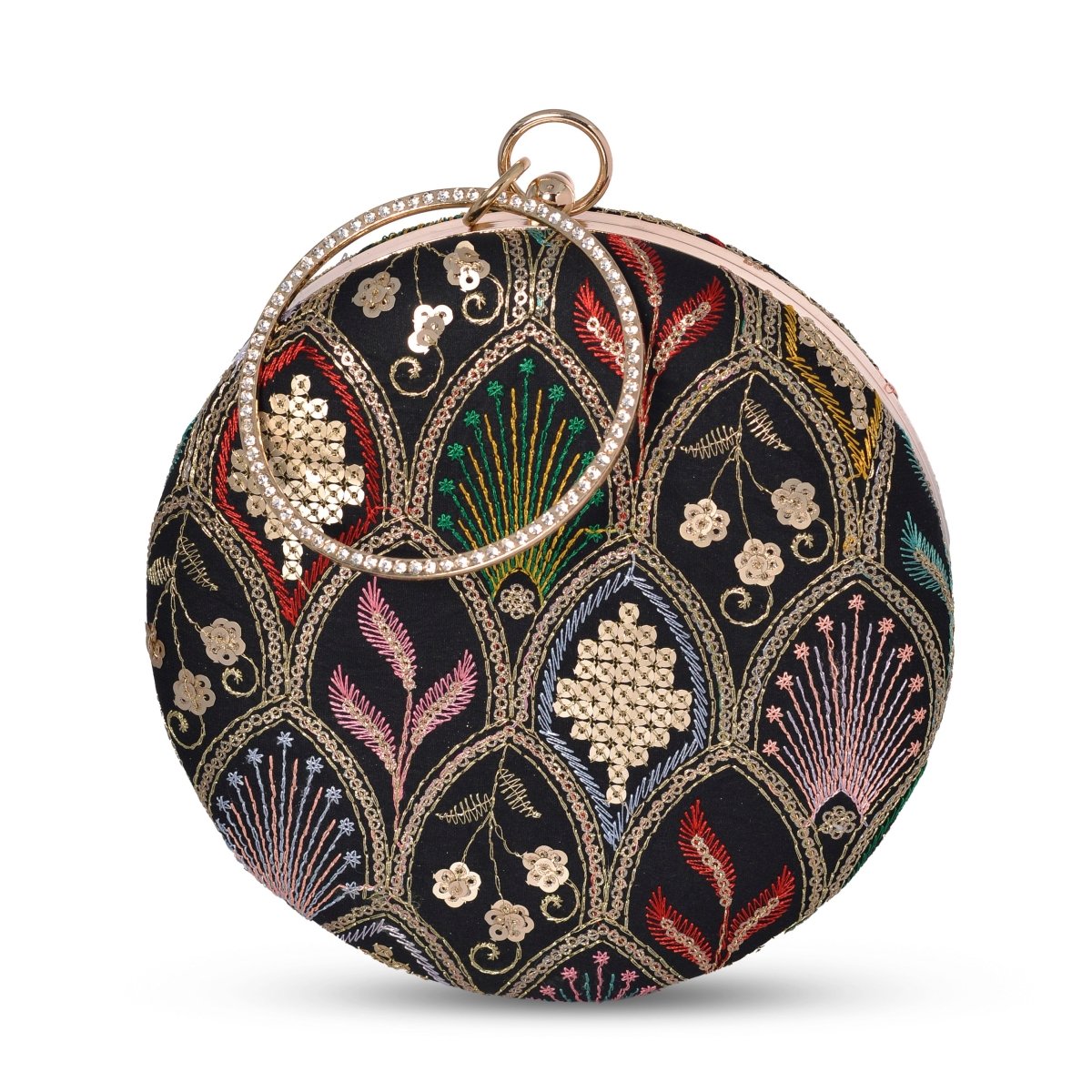 Artklim Black Based Multicolored Thread And Sequins Embroidery Clutch