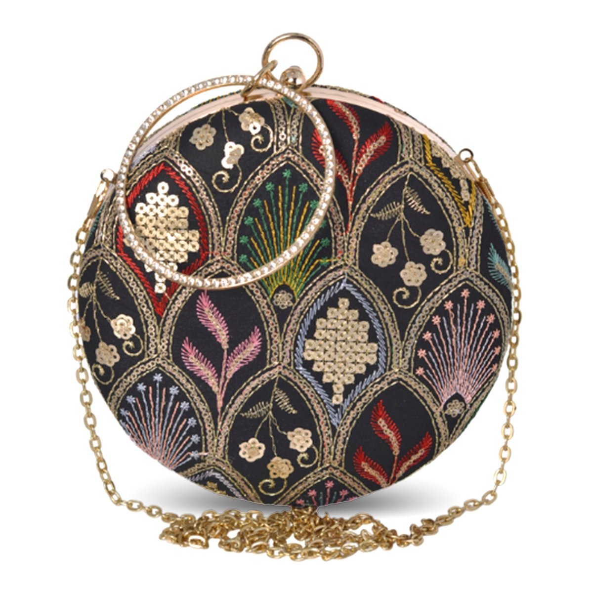 Artklim Black Based Multicolored Thread And Sequins Embroidery Clutch