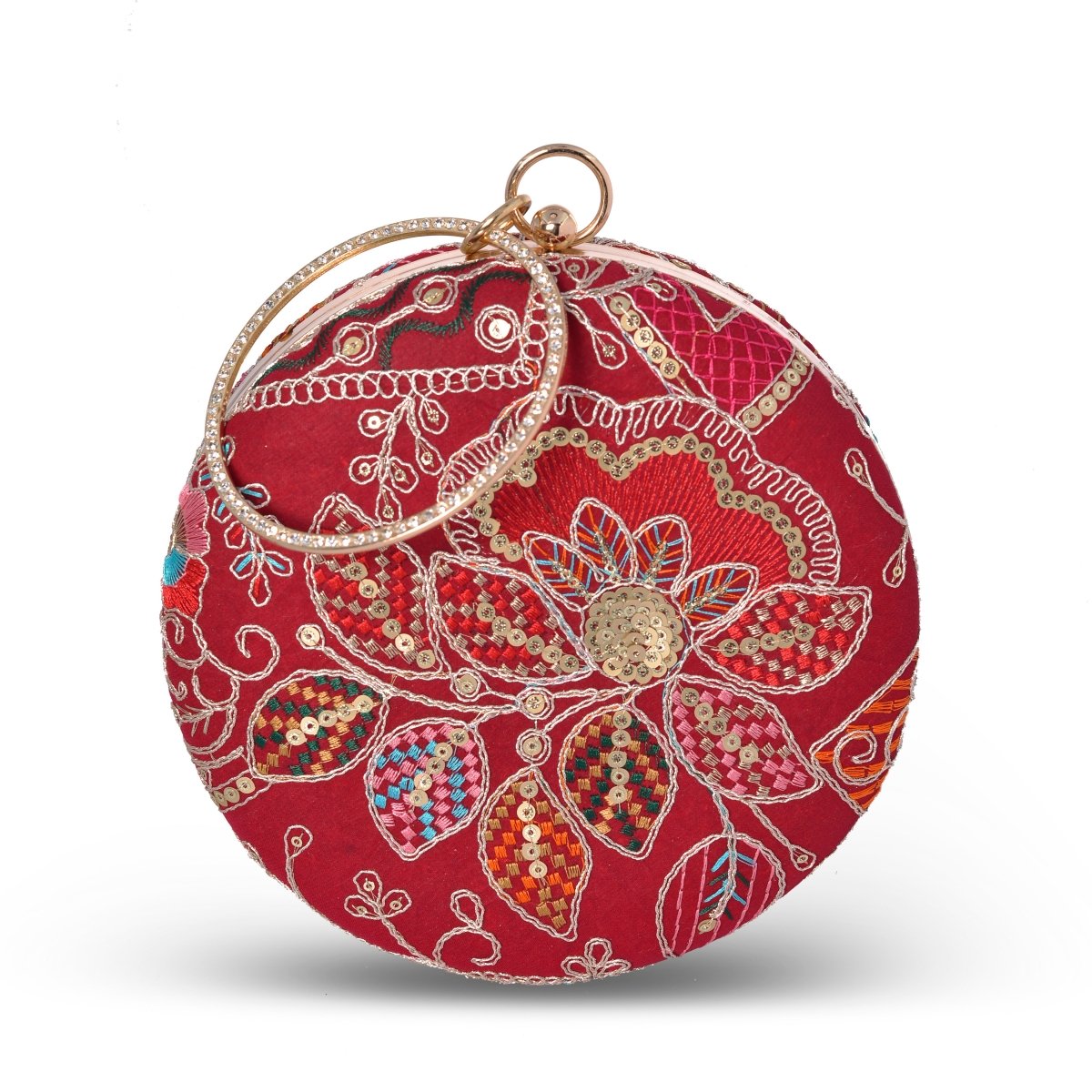 Artklim Deep Red Base Mutlicolored Threadwork Embroidery Clutch