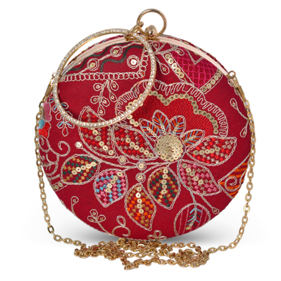 Artklim Deep Red Based Mutlicolored Threadwork Embroidery Clutch