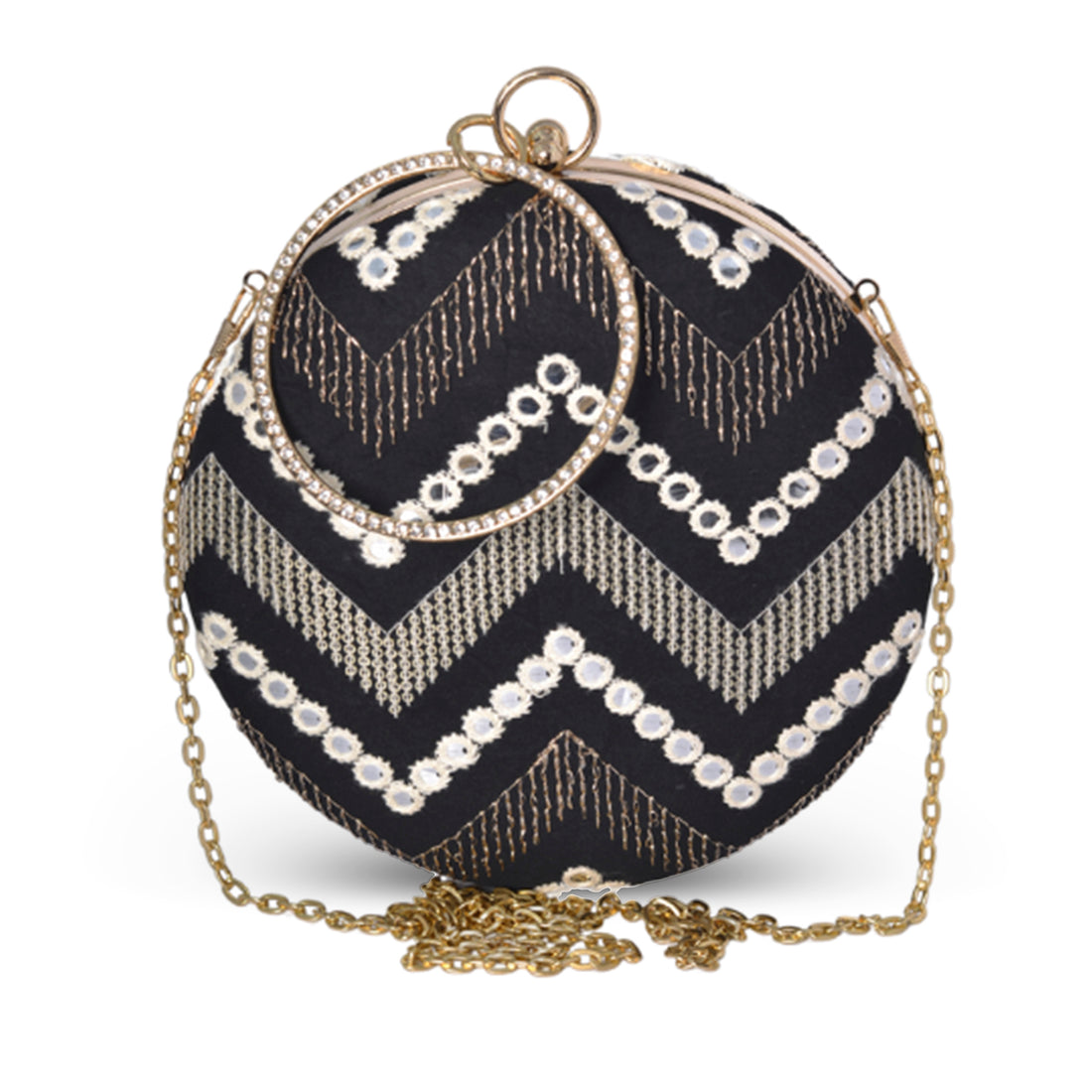 Artklim Black Based White Thread And Sequins Embroidery Clutch