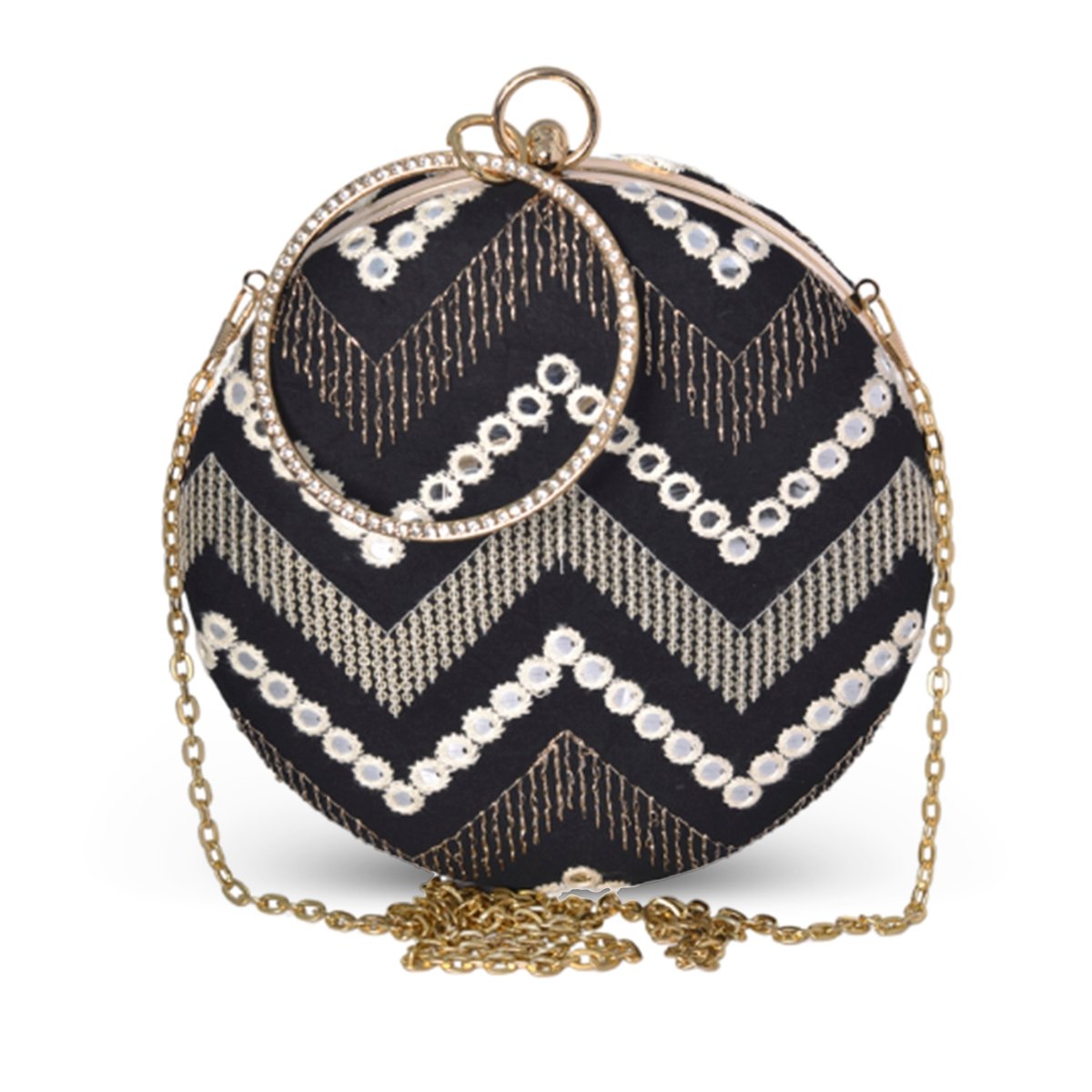 Artklim Black Base White Thread And Sequins Embroidery Clutch