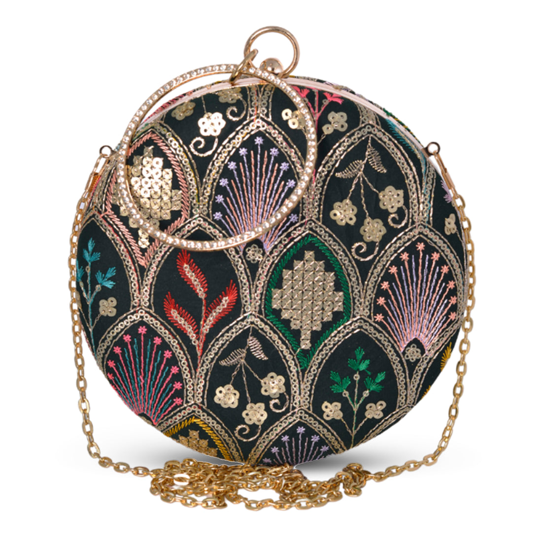 Artklim Black Based Multicolored Thread And Sequins Embroidery Clutch