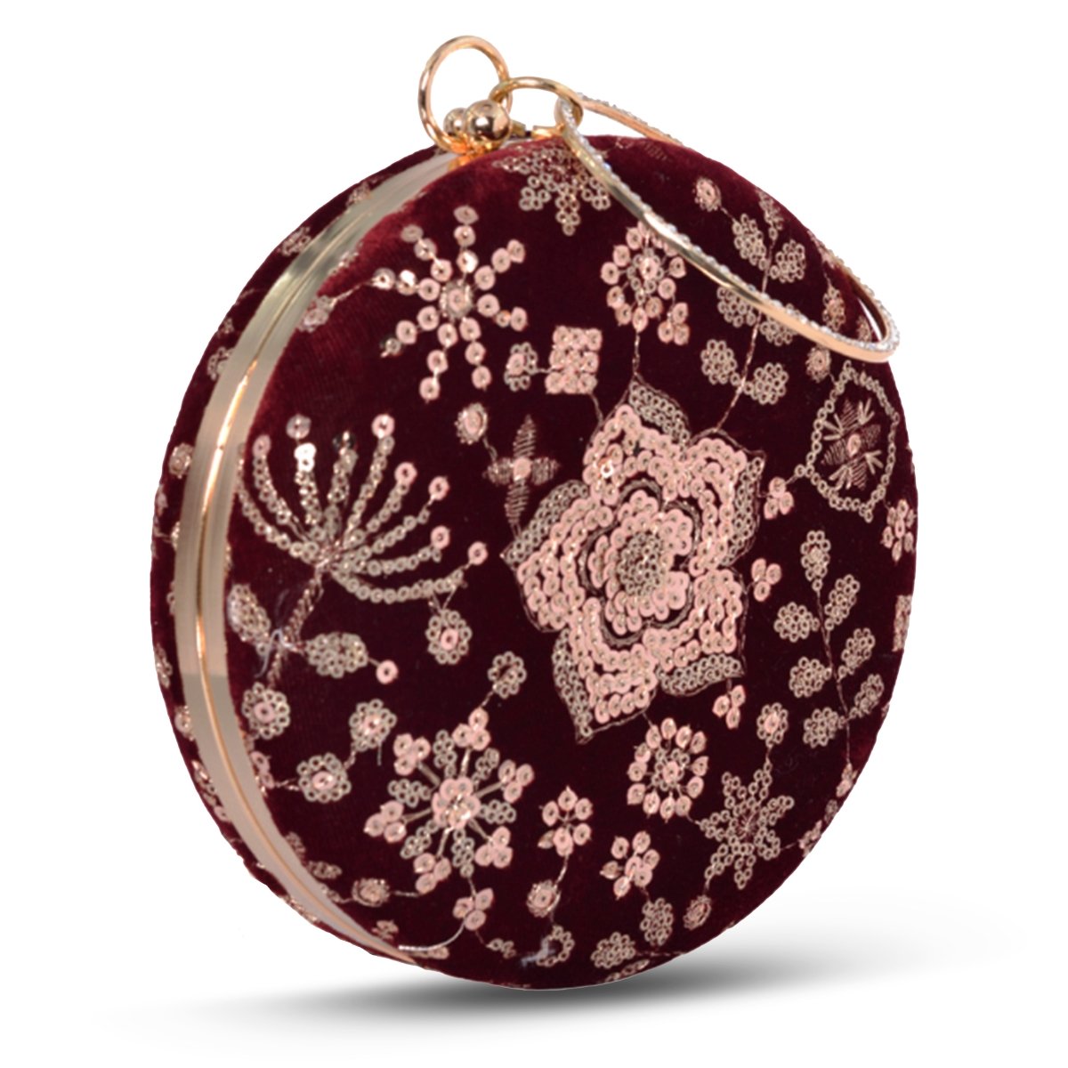 Artklim Maroon Based Sequins Floral Embrodiery Clutch