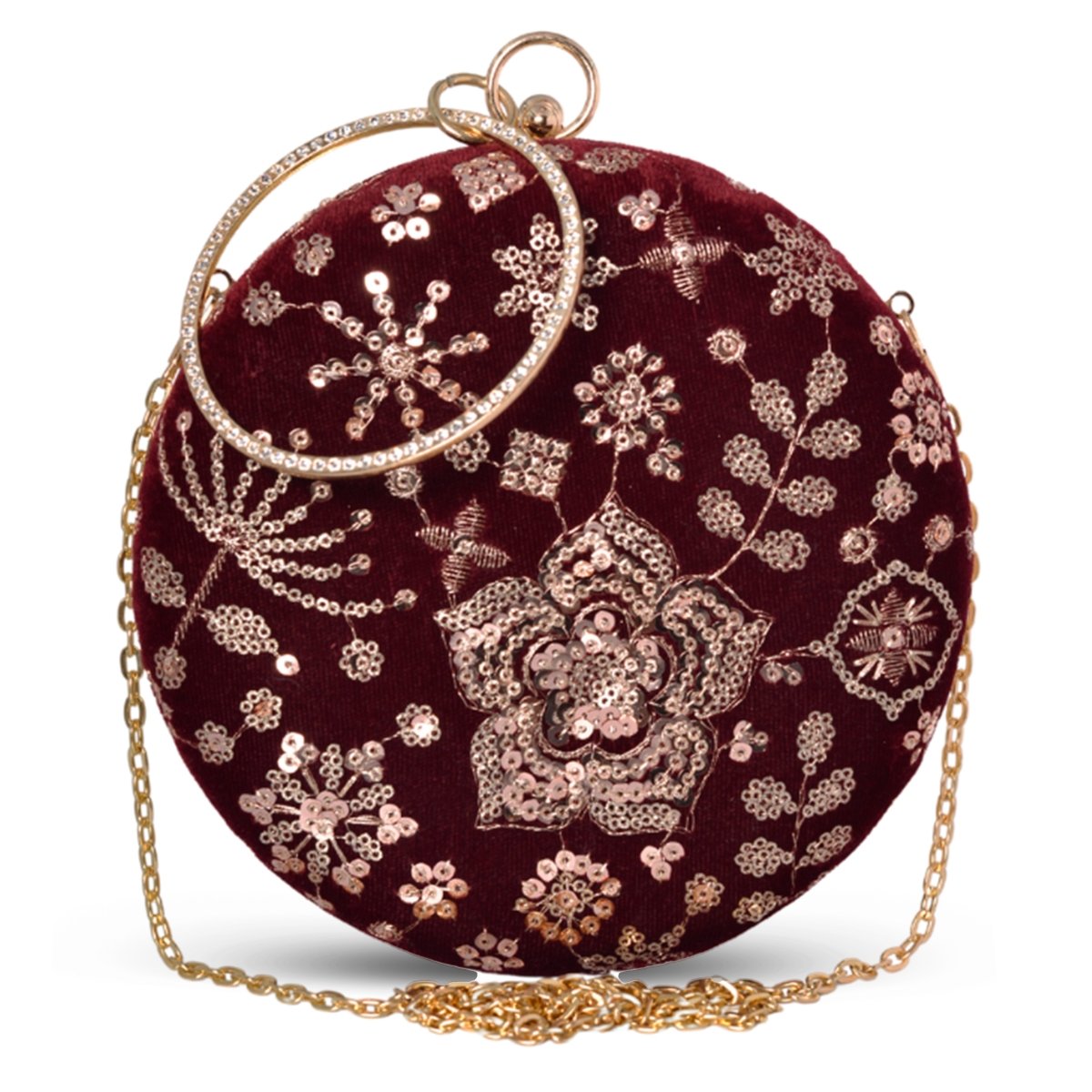Artklim Maroon Based Sequins Floral Embrodiery Clutch