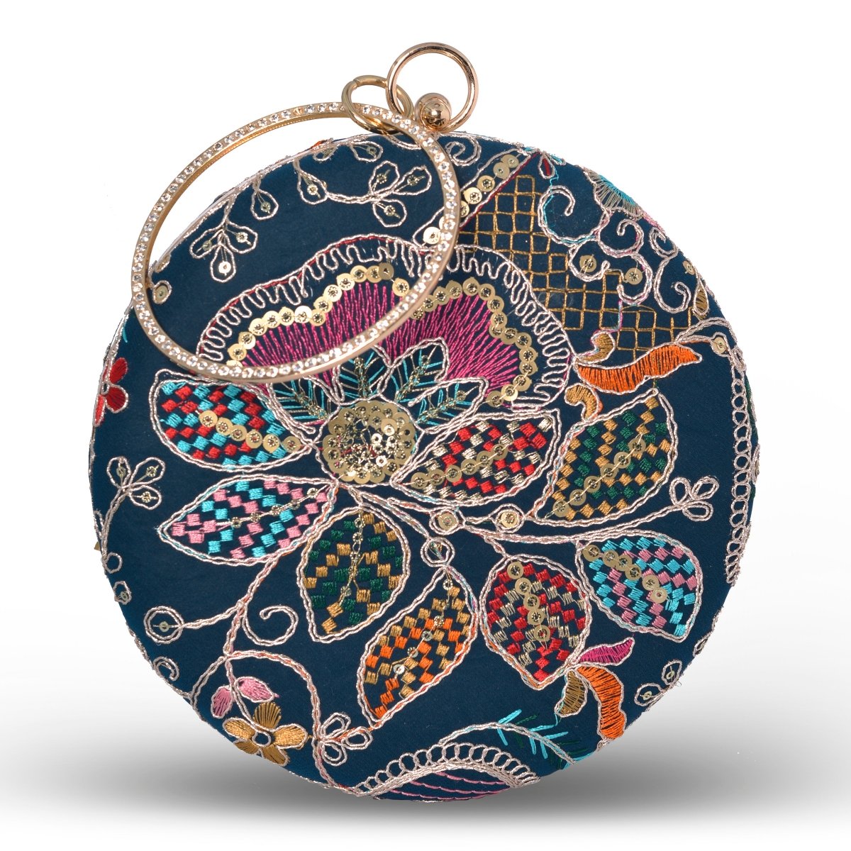 Artklim Marine Blue Based Floral Embroidery Clutch