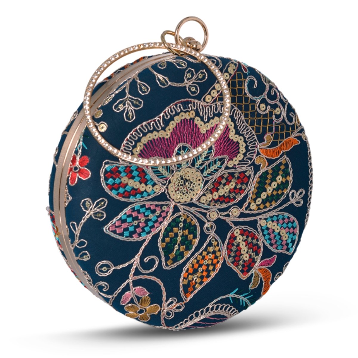 Artklim Marine Blue Based Floral Embroidery Clutch