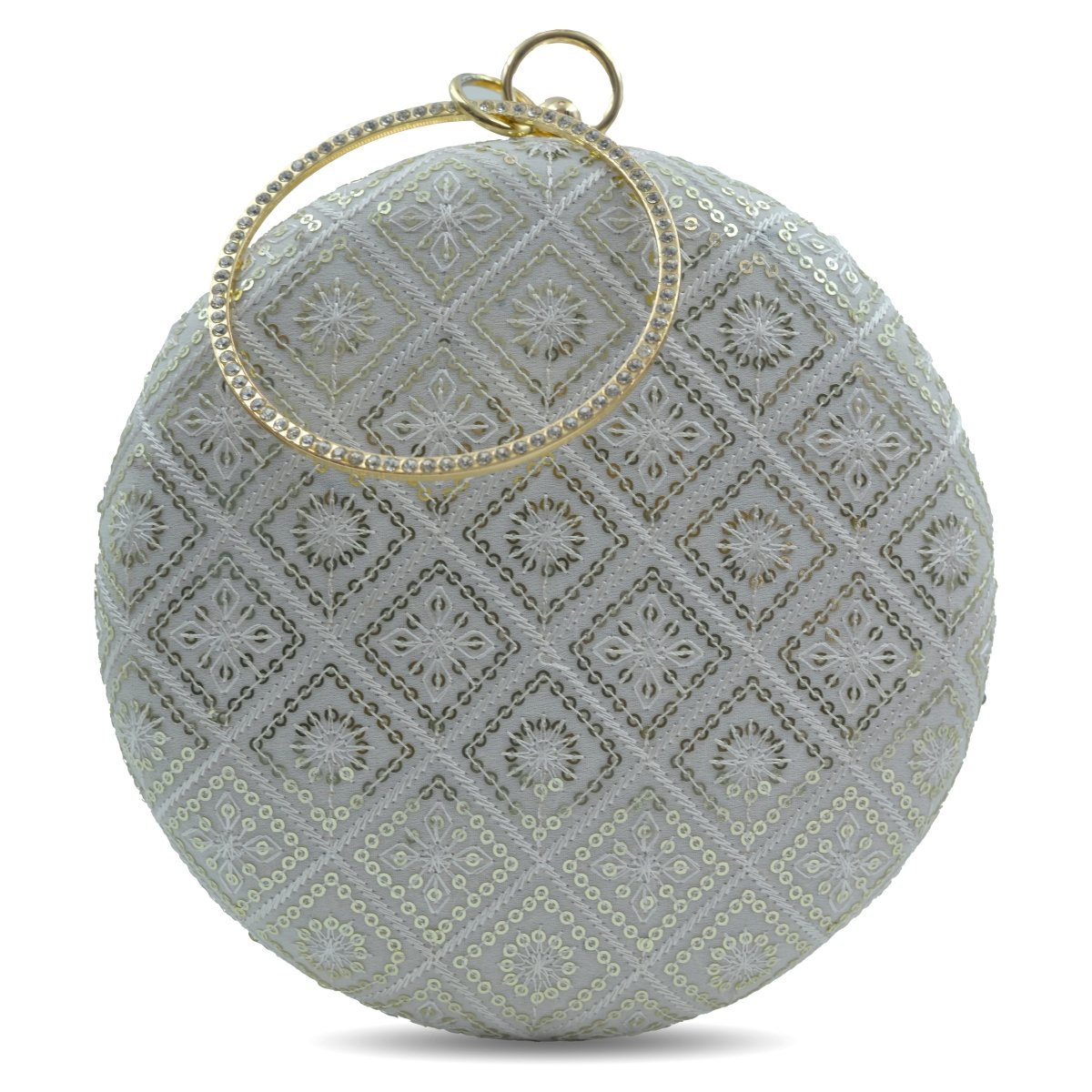 Artklim White Base Sequins And Thread Embroidery Clutch